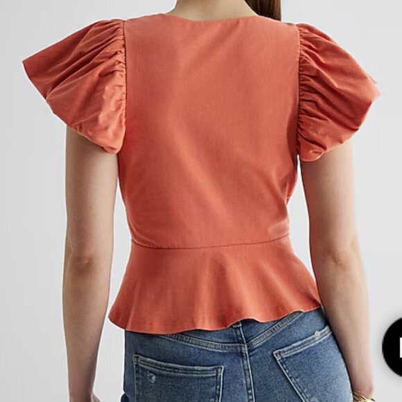 NWT Express Apricot Flutter sleeve faux wrap peplum top, Size Medium - Picture 3 of 13